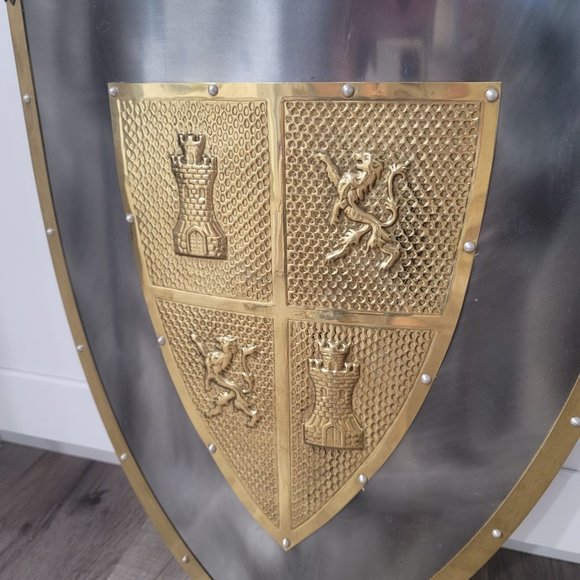 welded metal knights shield crests gold and metallic silver rivets wall decor - Picture 5 of 7